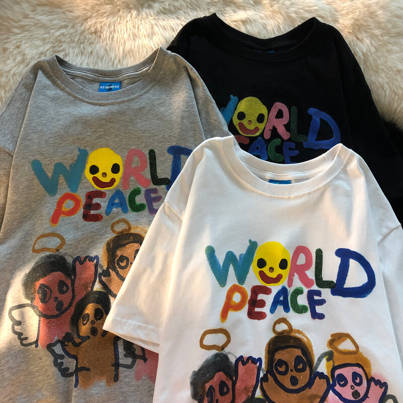 Граффити World Peace Print Уличная одежда Унисекс Винтажная мода Крупногабаритная футболка Egirl Хипстеры Гранж Женские футболки Симпатичные топы