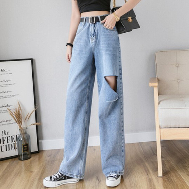 جينز نسائي جينز ممزق مرتفع الخصر موضة خريف وشتاء 2019 للملابس بنطلون جينز أزرق واسع الساق