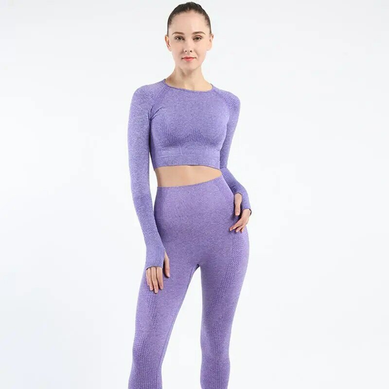 Conjunto de ropa deportiva de Yoga para mujer, Leggings sin costuras, Top corto de manga larga, trajes deportivos de cintura alta, 2/3/5 Uds.