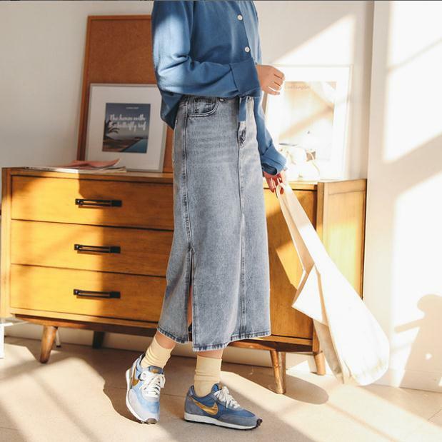 Saia longa denim saia feminina do vintage alta wasit jeans saia mais tamanho em linha reta lápis saia elegante outono lado split k1538