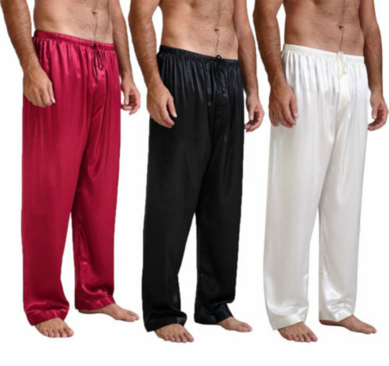 Мужские шелковые атласные пижамы, пижамные штаны, новинка 2019, одноцветные простые мягкие свободные штаны для отдыха, штаны для сна, размер ...