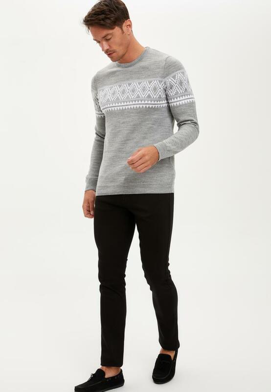 DeFacto Autumn Man Tricot Block Pattern Slim Fit Crew Neck Knitwear Sweater Jumper Pullover Warm Casual Fashion-R7220AZ20AU