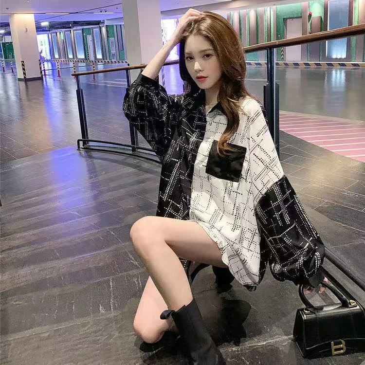 Top de estilo coreano para mujer, camisa de manga larga con costuras, holgada, de talla grande, media longitud, para cubrir el vientre, Primavera, nuevo