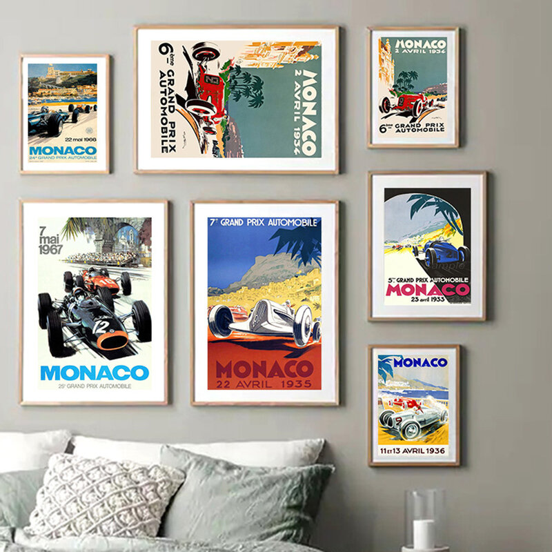 Pintura sobre lienzo de Fórmula 1 para decoración de sala de estar, póster nórdico de carreras de automóviles, Gran Premio de Monaco, Vintage, para pared