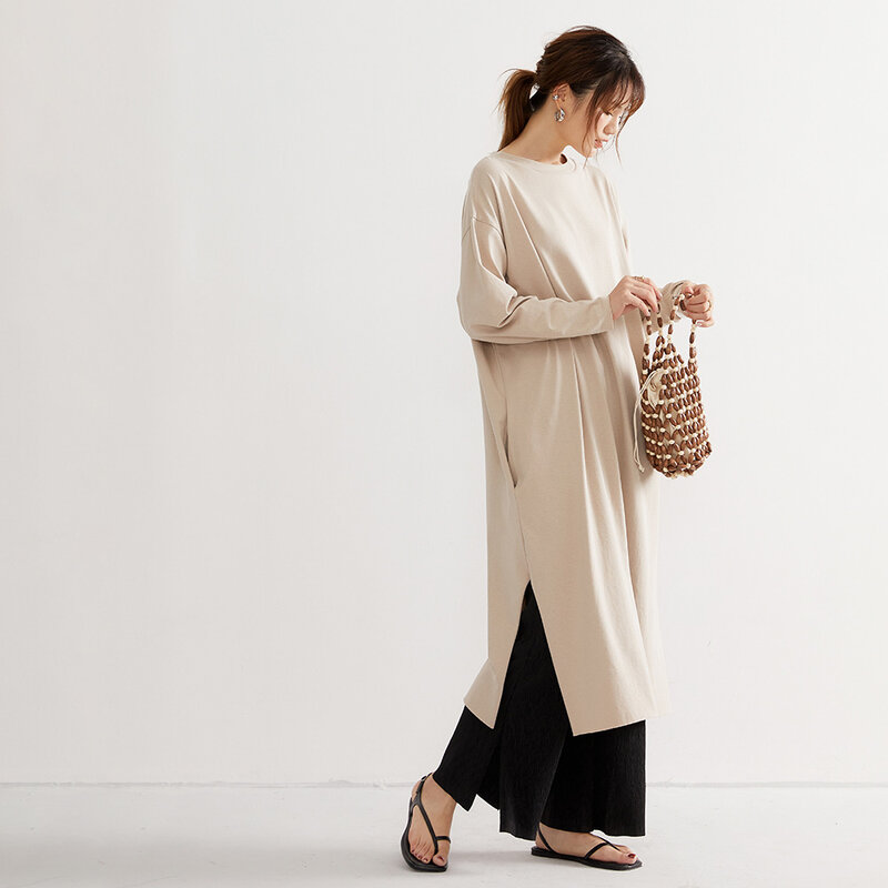 Gaun Wanita Musim Gugur 2021 Lengan Panjang Leher Bulat Gaun Longgar Terpisah Solid Gaun Maxi Wanita Pakaian Wanita Mode Gaya Korea