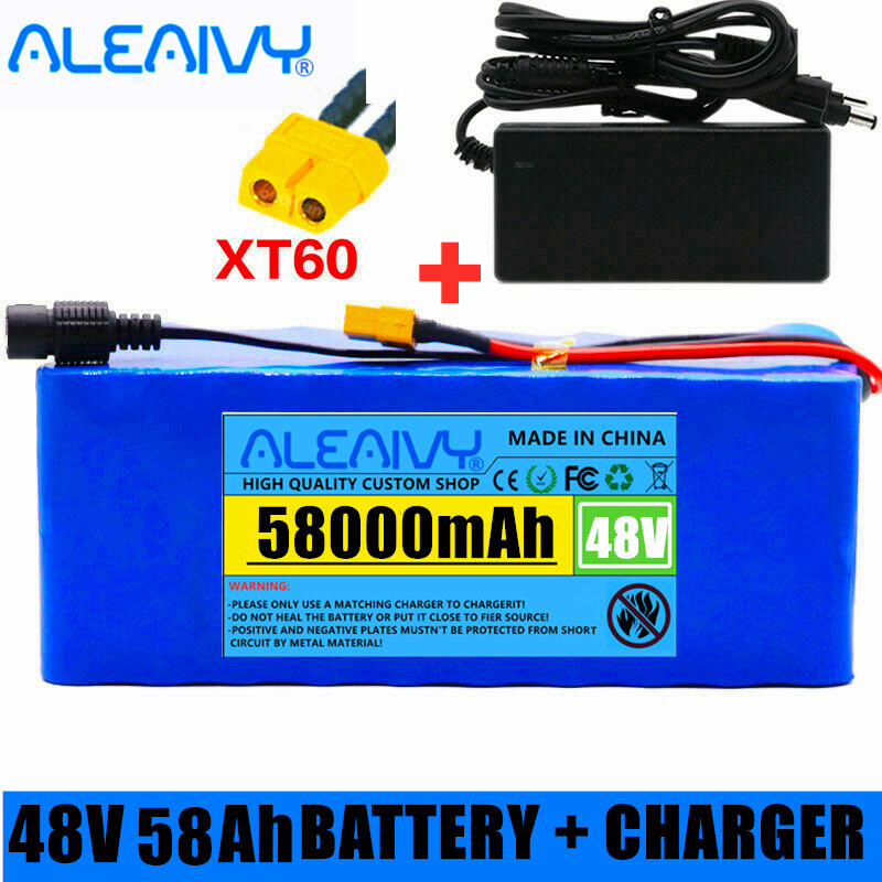 Batterie Lithium-Ion 48v, 58ah, 58000mAh, 1000w, pour vélo électrique 54.6v, avec BMS intégré et chargeur inclus