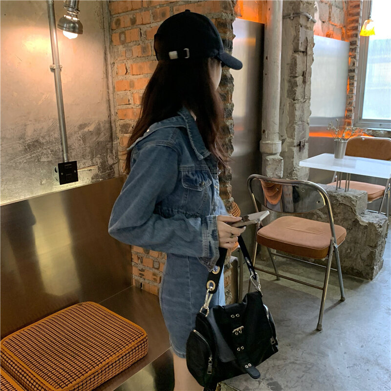 Kobiety jednoczęściowy strój garnitur gorąca dziewczyna kowbojski garnitur jesień koreański wersja 2021 nowy krótki smażone ulicy starzenia moda długi płaszcz z rękawami