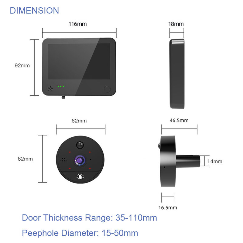 Peephole Camera, WiFi Video Doorbell Camera with Motion Detection, Night Vision, 2-Way Audio, Cloud Storage, Use for Home