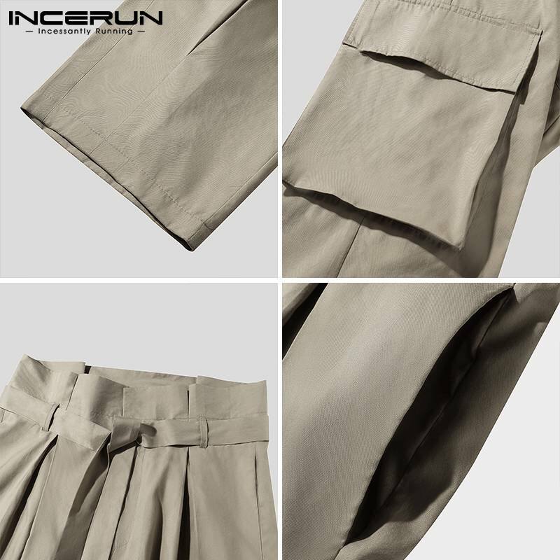 Stylowe męskie jednolity kolor Comeforable dobrze dopasowane pantalony spodnie typu Casual Lace-up kieszeń Cargo długie spodnie S-5XL 2021 INCERUN