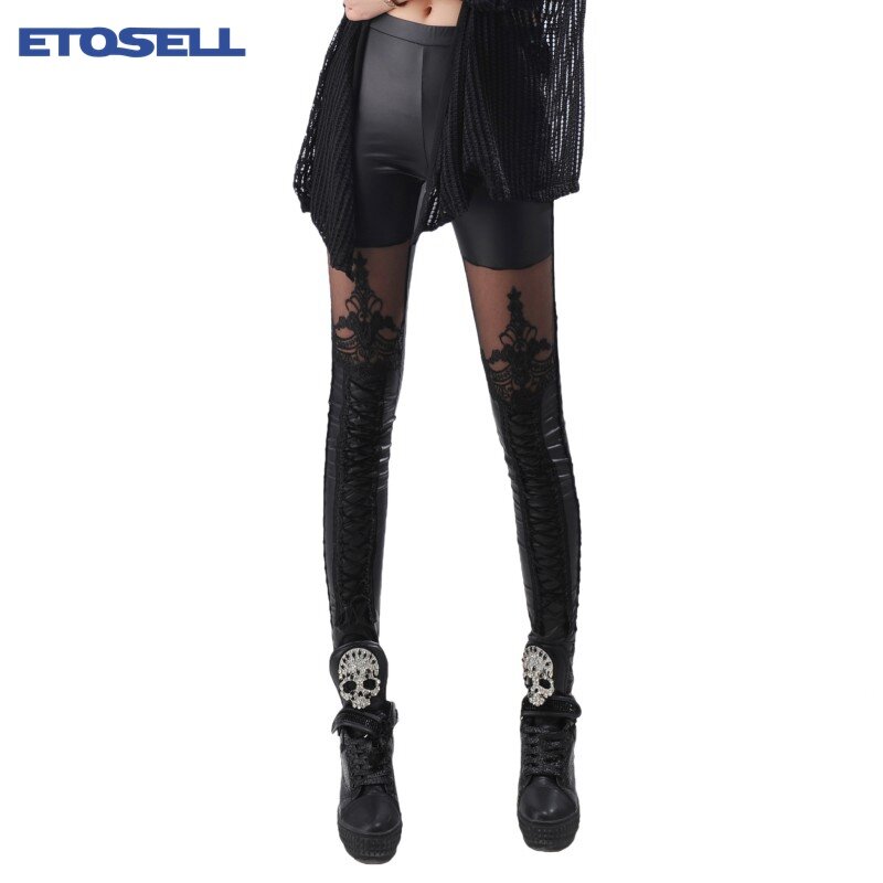 + 1 Piece Sexy Cuciture Pizzo Elasticizzato Skinny Leg Faux Leather Leggings Black Legins Punk Gothic Fashion Women Pants