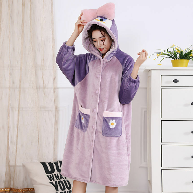 SOUGEN – pyjama à capuche avec nœud pour femme, vêtements de nuit épais, rose, corail, maison, salon, hiver