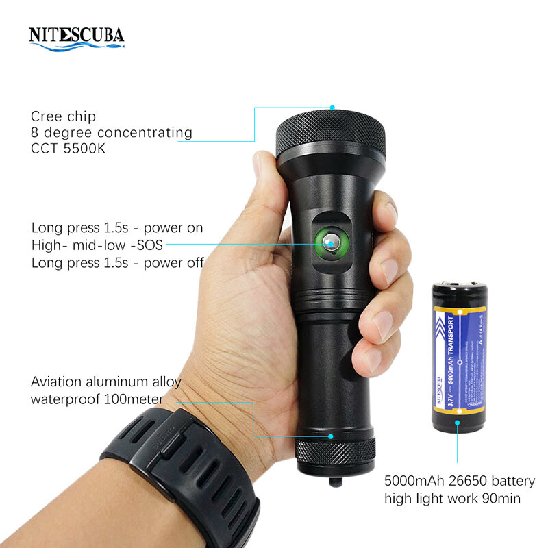 Nitescuba-LEDダイブライトダイブライト,防水,超広角,連続照明,5500k,水中模倣