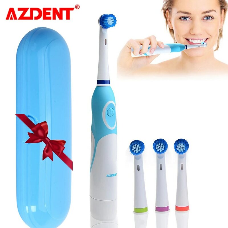 Escova de dentes elétrica giratória azdent, operada com 4 cabeças de escova, produtos de saúde higiene oral, não recarregável