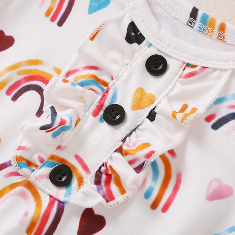 Conjunto de camisola para bebês meninos e meninas, 2 peças, manga longa, com babados, arco-íris, roupa de dormir