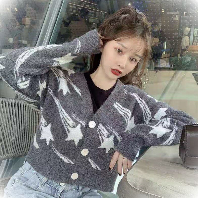 De moda Chaqueta corta Jacquard suéter de las mujeres 2021 primavera y otoño tejidos nuevos de manga larga salvaje coreano abrigo Kintted chaqueta
