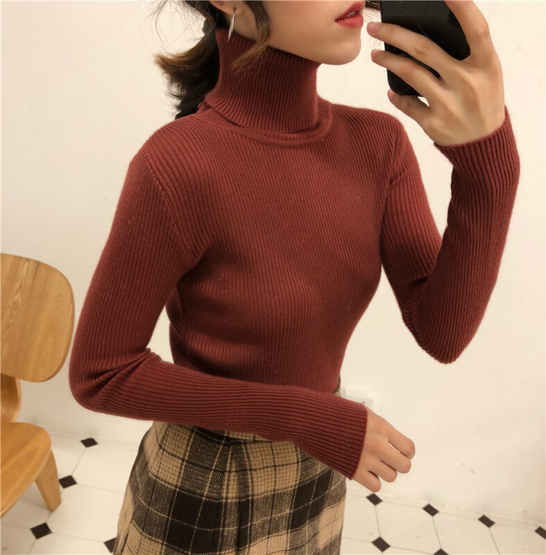 Suéteres de cuello alto para mujer, Jersey ajustado coreano, Tops básicos informales, suéter de punto suave y cálido, Otoño e Invierno