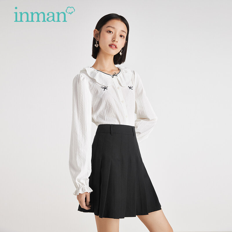 INMAN Autumn Spring Women&#39;s Blouse Sweet Elegant Top Color Contrast Kawaii Bow-Knot Doll Collar Design White Shirt