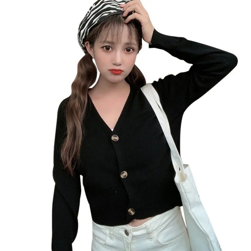2020 primavera verão senhoras coreano branco preto moda feminina com decote em v botão temperamento cor sólida de manga comprida malha cardigan