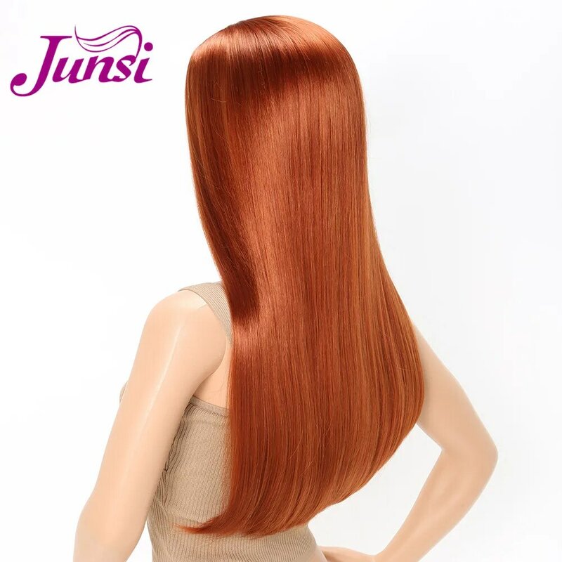 JUNSI pelo largo pelo recto peluca roja africano americano peinado sintético pelucas para mujer negro Natural de alta temperatura