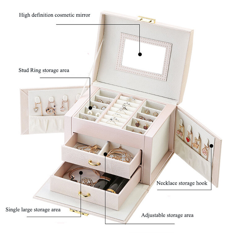 Grande capacidade caixa de jóias tipo gaveta caixa de jóias de armazenamento de couro brinco anel colar com espelho relógio organizador de jóias