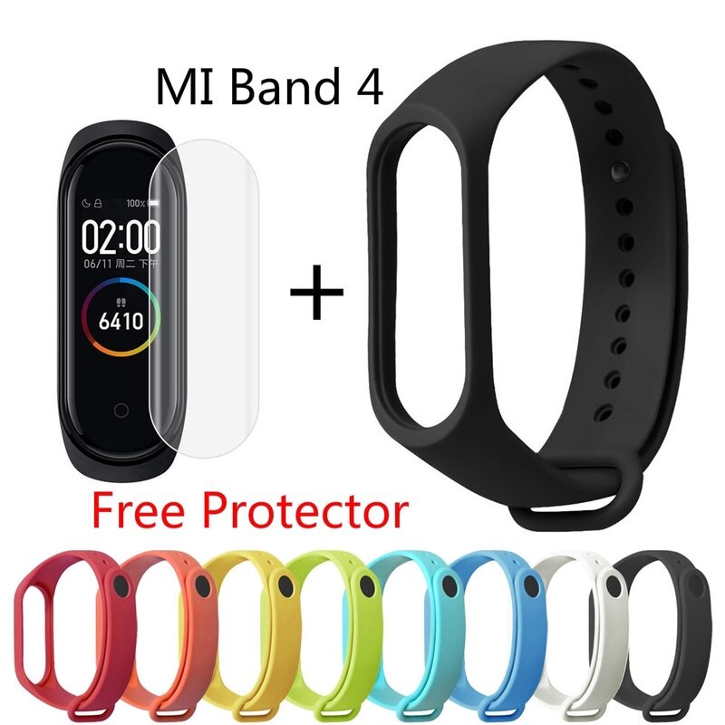Strap Vervanging + Screen Protector Film Voor Xiaomi Mi Band 4 Siliconen Polsband Armband + Film Smart Band Accessoires