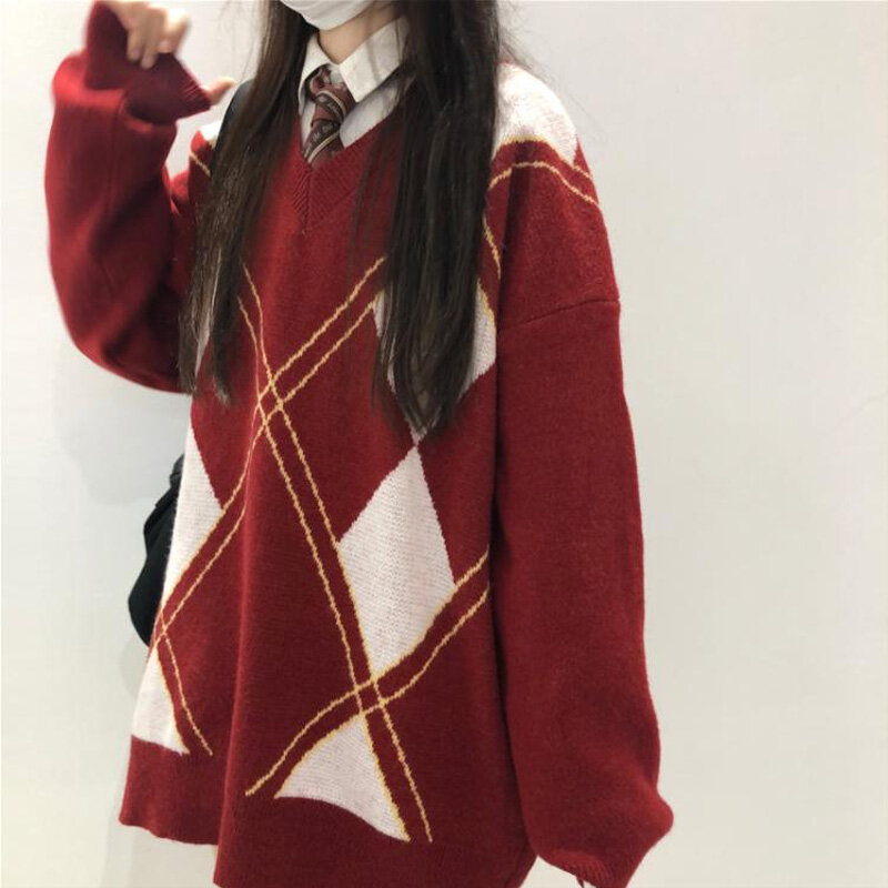 Женский свитер с V-образным вырезом, винтажный вязаный пуловер свободного покроя с длинными рукавами в клетку, повседневный топ в Корейском ...