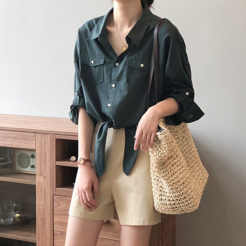 CMAZ-Blusa holgada de media manga para verano, camisa de una sola hilera de botones para mujer, Tops coreanos 0927