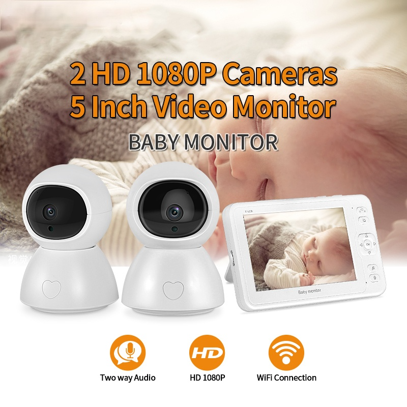 Monitor de bebé de 5 pulgadas con visión nocturna, 1 PANTALLA, 2/3, cámara de vigilancia, 1080P, cámara de seguridad para niñera con 2 cámaras