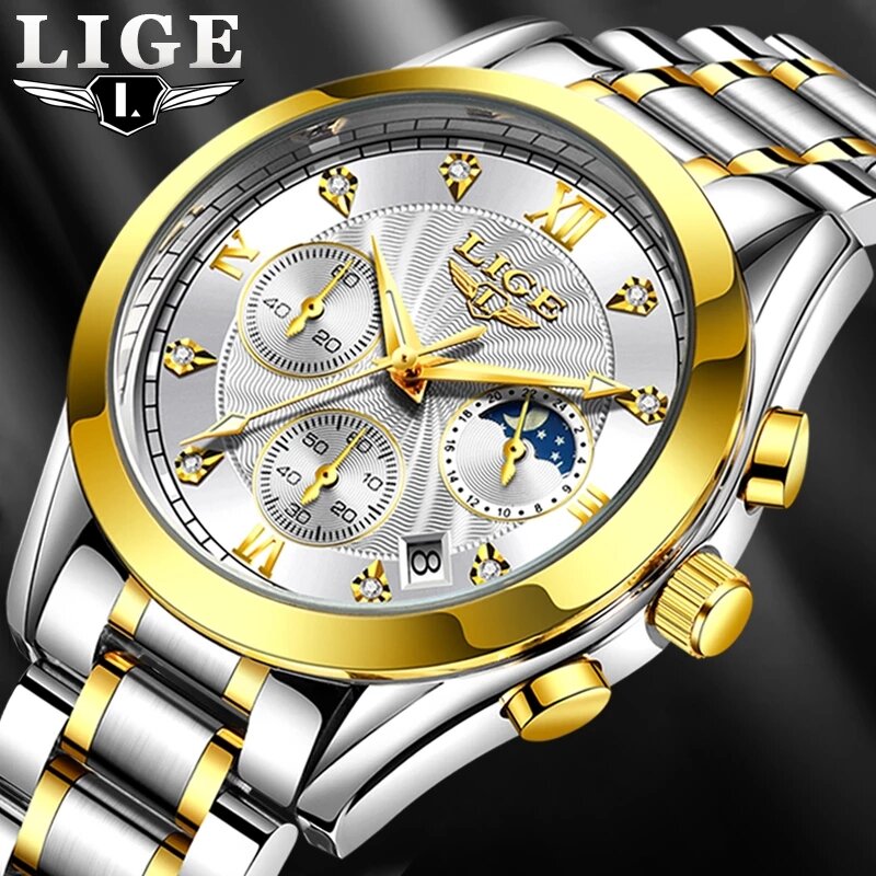 LIGE – montre de Sport à Quartz pour hommes, marque de luxe, entièrement en acier, étanche, à la mode, horloge de Date, chronographe Relogio Masculino