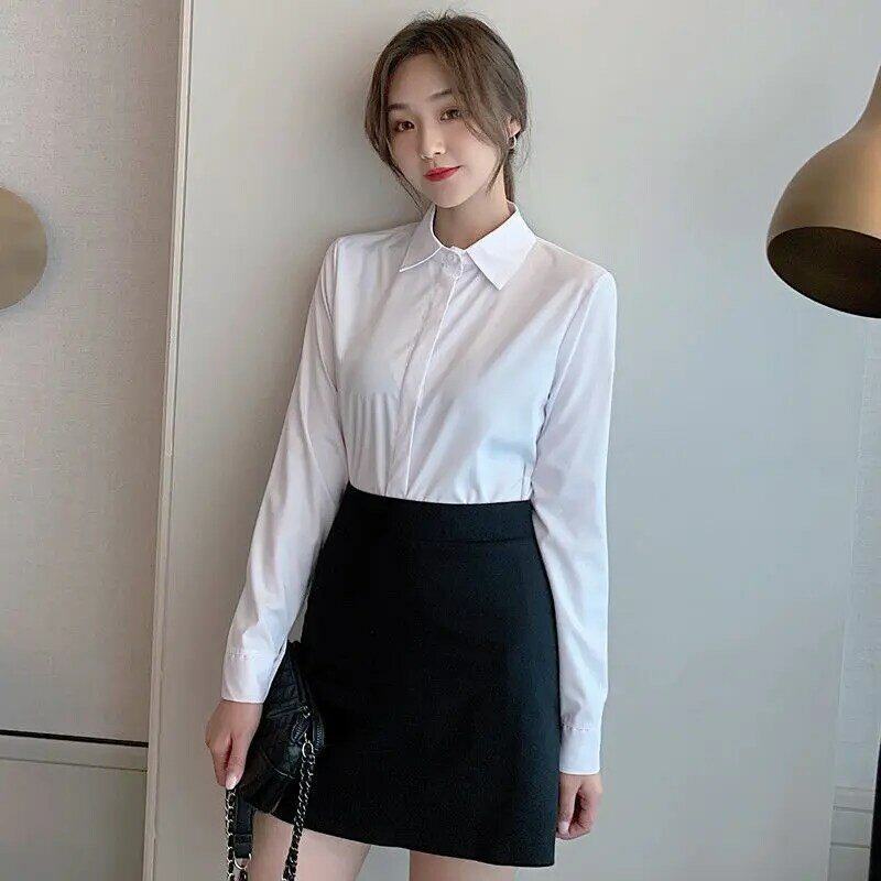 Deeptown Kemeja Putih Wanita Profesional Ukuran Besar Kancing Atasan Pakaian Kantor Wanita 2021 Korea Lengan Panjang Blus Bergaya 5XL