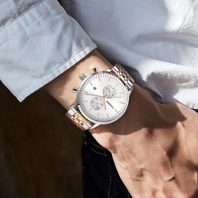 CADISEN mężczyźni zegarki Top marka luksusowe wodoodporne 50M ze stali nierdzewnej japoński MIYOTA OS11 zegarek kwarcowy Relogio Masculino
