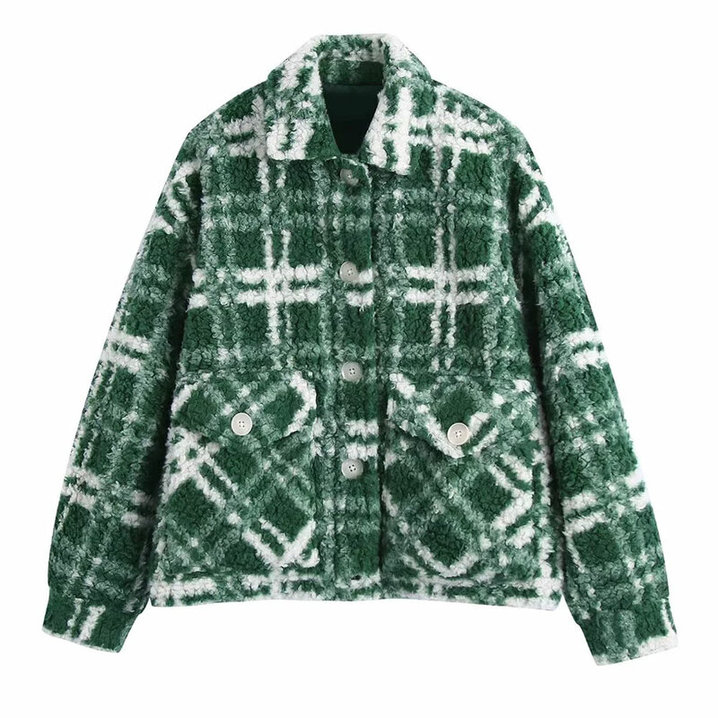 Women Fashion Oversized Check Faux Shearling Jacket Coat Vintage Long Sleeve Flap Pockets Female Outerwear Chic Tops