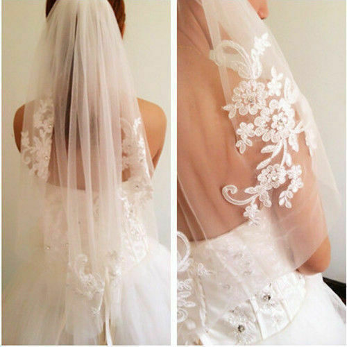 One Layer White Ivory Lace Applique Wedding Veil Elbow Bridal Veils 2022