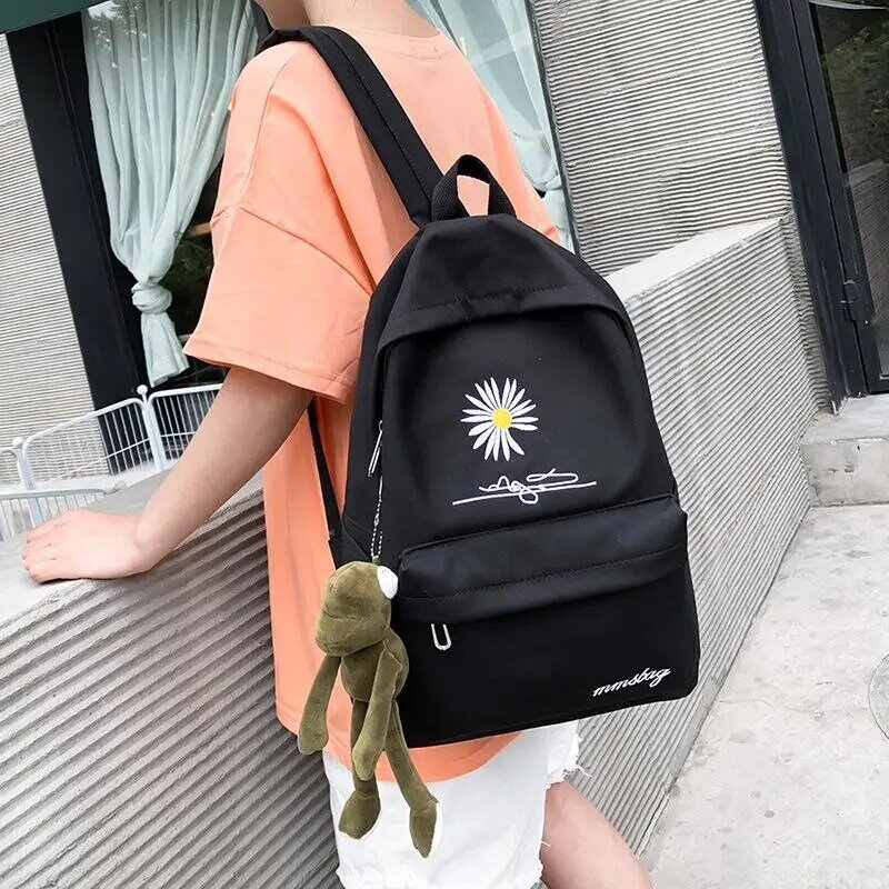 Bordado novo feminino escola mochila flor transparente estudantes sacos de ombro moda lona mochilas
