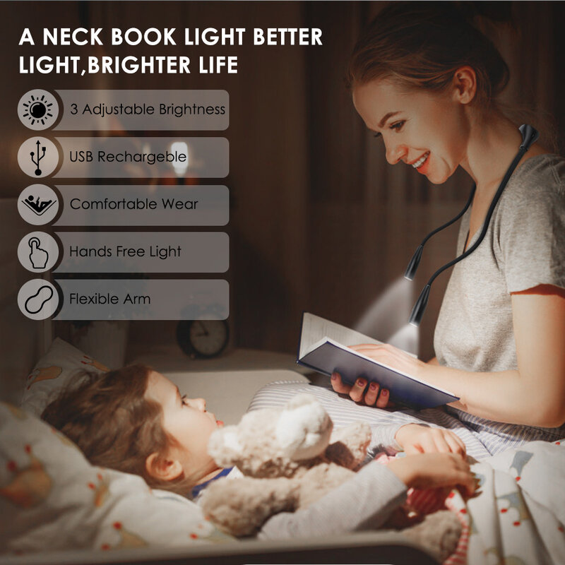 Luz LED colgante para cuello, lámpara de lectura nocturna recargable con manos libres, 3 niveles de brillo, luz colgante para libros con carga USB