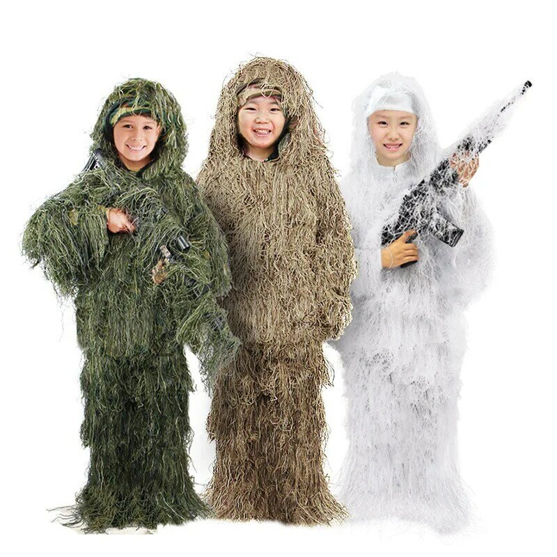 ユニセックス子供狩猟のghillieスーツ迷彩ウッドランド迷彩森3Dタクティカルスーツ子供砂漠雪junjle迷彩制服