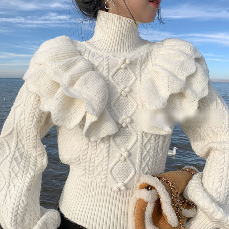 Sweter Rajutan Putih Manis Musim Gugur Musim Dingin Pullover Rajutan Ruffles Wanita Sweater Longgar Kerah Tutup Kawaii Atasan Rajut Lengan Puff