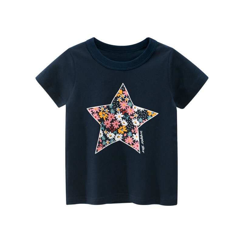 HT 2021 New Summer 1-8Year Girls Short Sleeve T Shirt Fashion Print Flower Five-Pointed Star Kids Cotton Children Tops