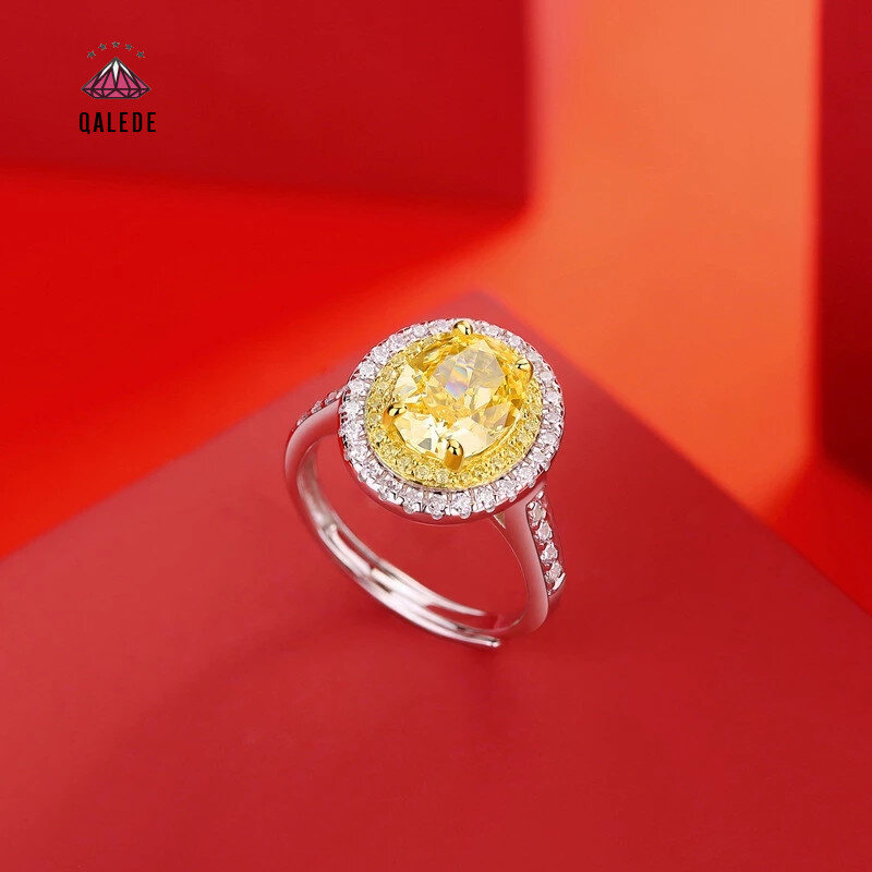 QALEDE 숙녀 반지 S925 실버 높은 탄소 다이아몬드 반지 고귀한 노란색 보석 반지 우아한 여성의 조절 버클 반지 선물