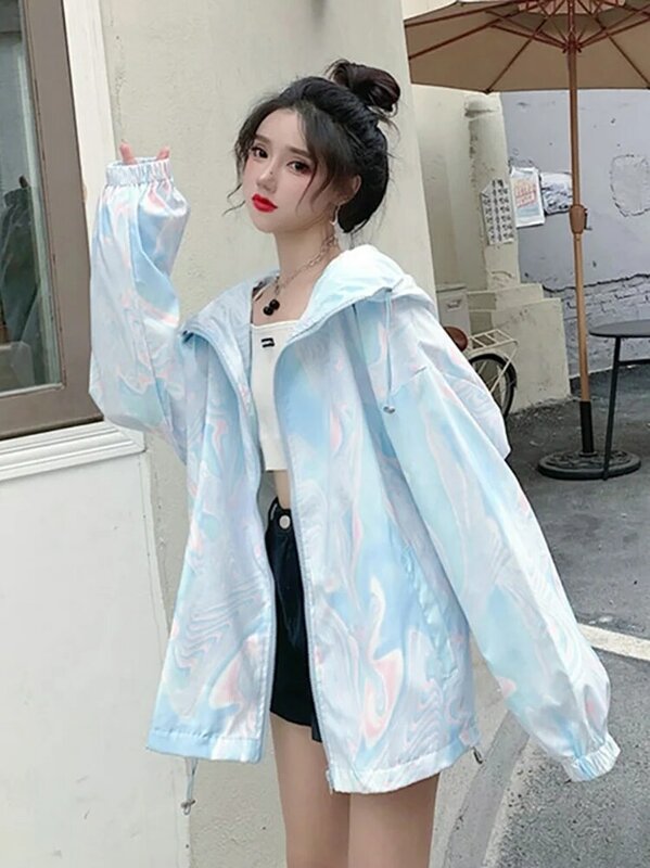 Женская Солнцезащитная куртка в гонконгском стиле, свободная куртка средней длины с градиентом и длинным рукавом, для улицы, весна-осень 2021