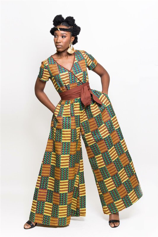 Jumpsuit Longgar Kerah V Seksi Gambar Cetak Populer Celana Panjang Menyala Mode Bazin Mode Afrika Kaya untuk Wanita K155