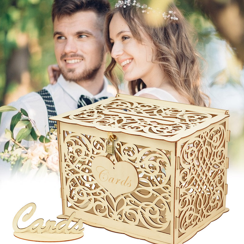 DIY Wedding Hollow Wood Card Invite Box Mr & Mrs Heart Pattern Wooden Gift Boxes for Wedding Party Favor Decoration Supplies