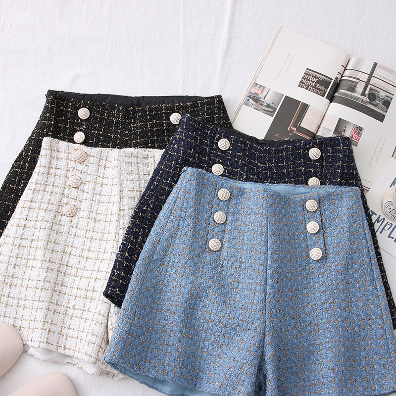 Pantalones cortos de Tweed para mujer, Shorts de cintura alta, informales, sueltos, a la moda, para primavera y otoño