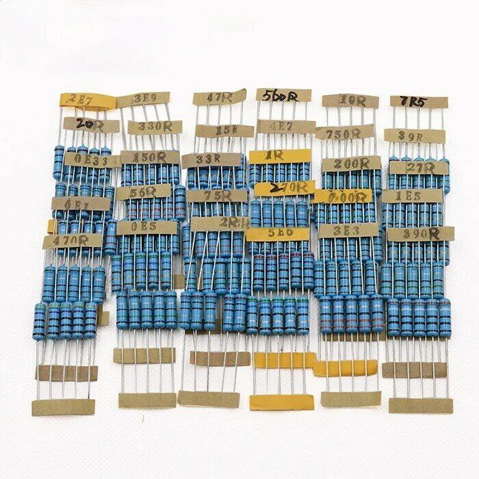 Kit de resistores de filme metálico, resistor de 0.5w 1w 2w 1% com 10k, 22 47 100 1k 3.9k 5.6k 10k 100k 150k