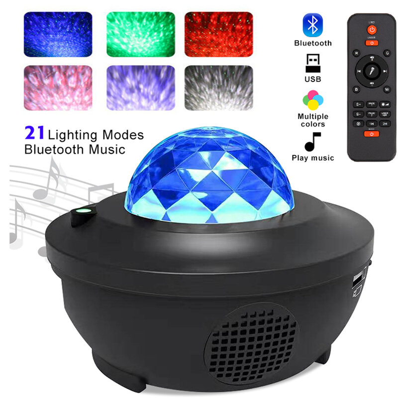 Proyector de luz LED con USB para dormitorio, luz nocturna de ola oceánica, reproductor de música, luces nocturnas giratorias de estrella remota, Luminaria