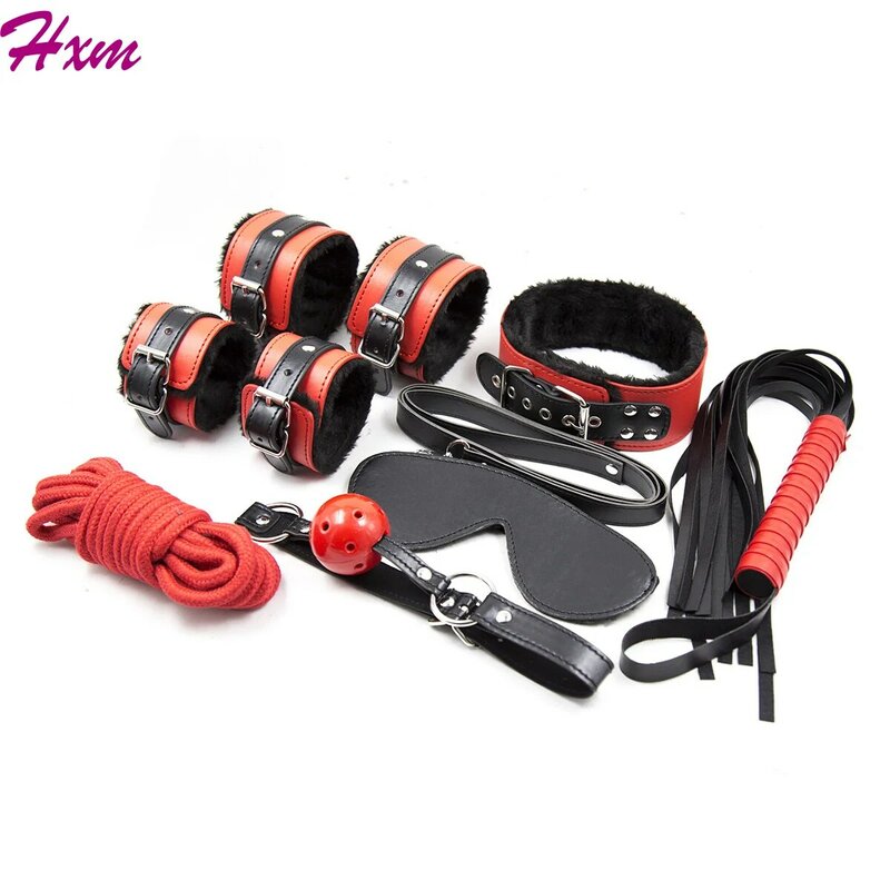 Sex Shop ผลิตภัณฑ์ทางเลือกของเล่น Plush เจ็ดชิ้นชุด Pu สีแดงและสีดำ Handcuffs เท้า Cuffs Eye หน้ากากคอคอ