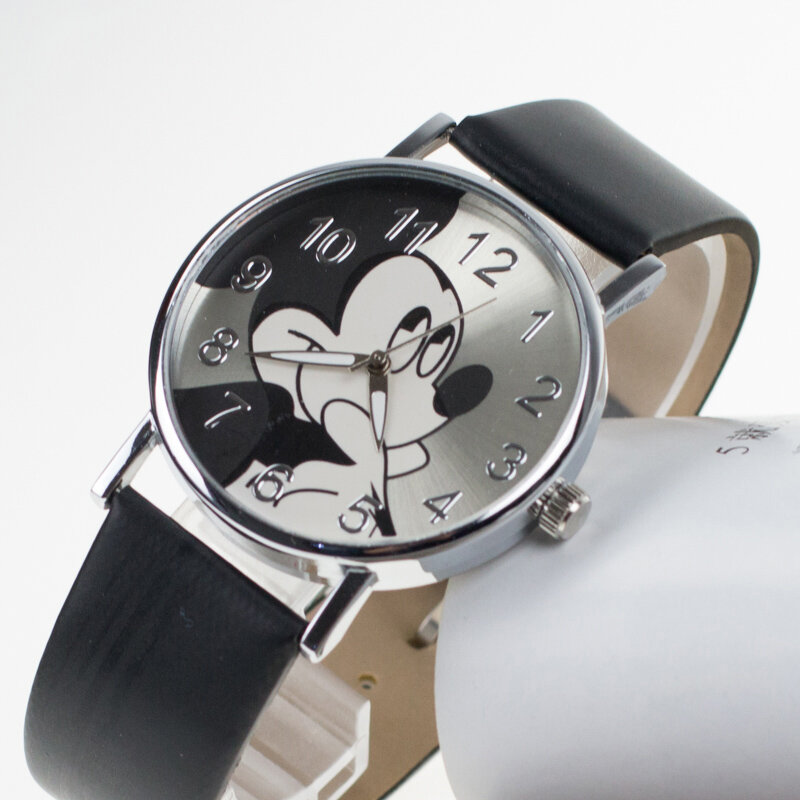 Reloj de pulsera de cuarzo con correa de cuero para mujer, cronógrafo de Mickey, regalo para estudiante