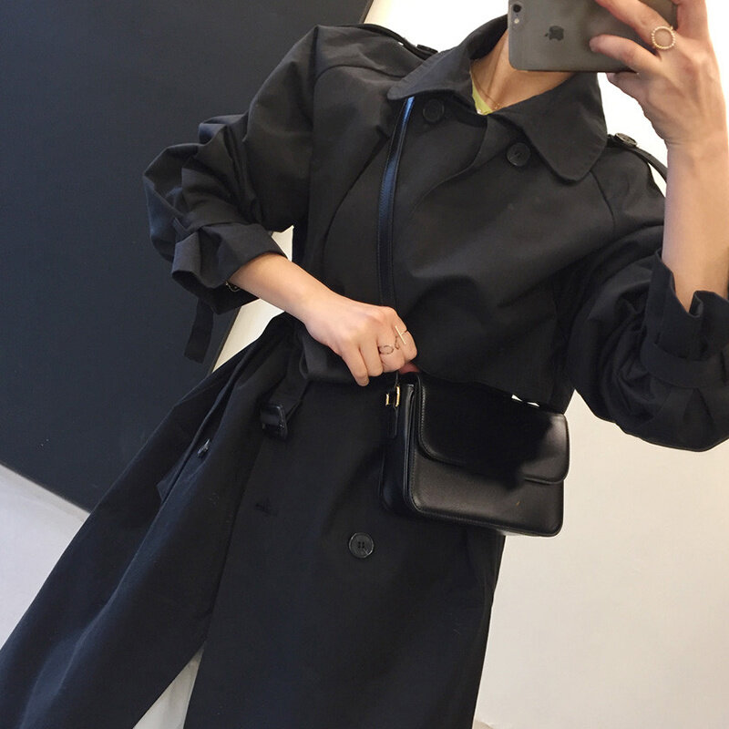 Coreano casaco feminino blusão chique estilo britânico lapela dupla fileira fivela de renda até cintura solta manga longa médio e longo