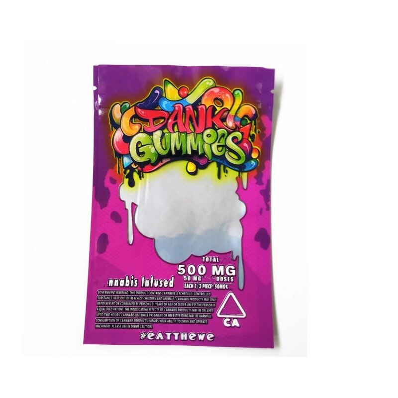 2021 vuoto Dank Gummy Mylar Bag Edibles vendita al dettaglio chiusura a Zip imballaggio vermi 500MG orsi cubi gommosi per fiori di erbe secche