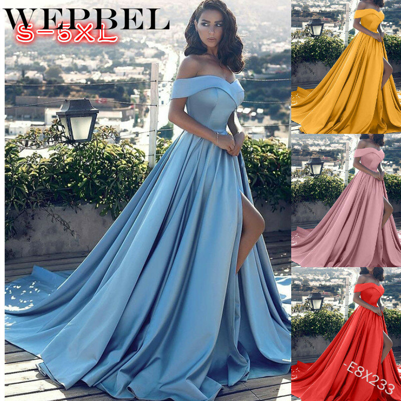 WEPBEL Women Elegant Party Evening Maxi Dress Casual Ladies Off Shoulder Strapless High Waist Floor Length Split Long Dress
